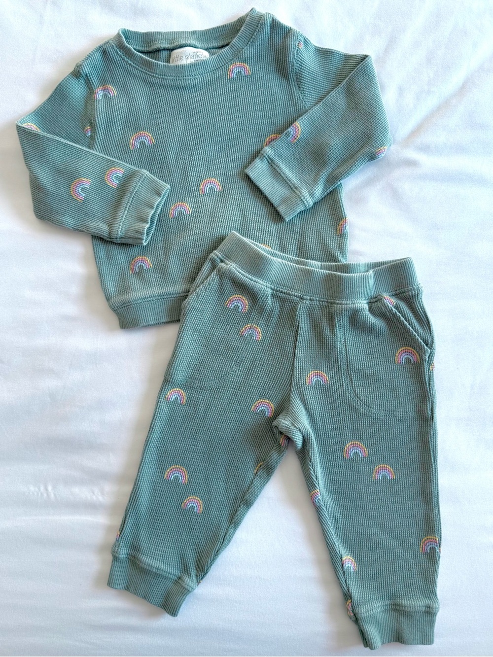 Carter's Organic Cotton Waffle outfit Sweatshirt & Pants Set Green Rainbows 12M